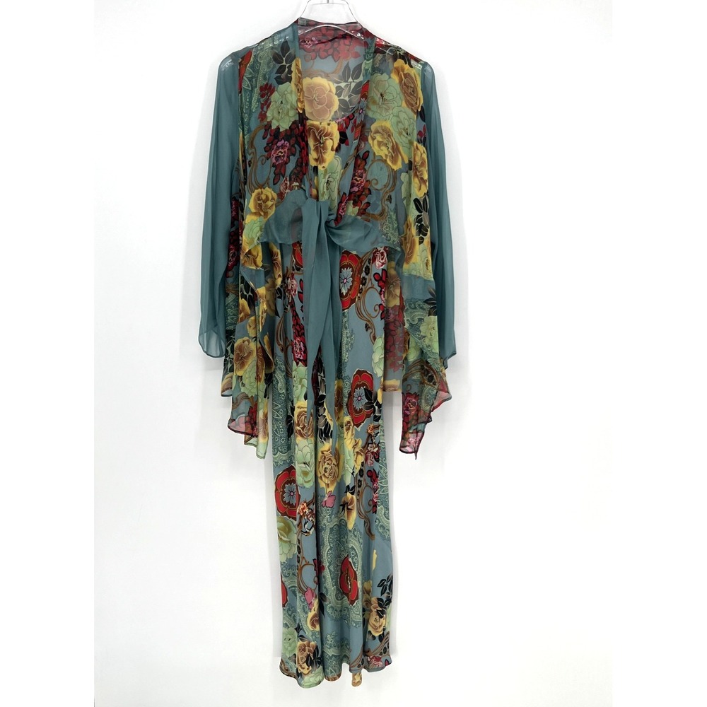 Harari Silk Floral Dress Shawl Womens L Y2K Shawl Asian Bohemian Blue Artsy
